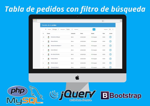 Tabla de pedidos con filtro de búsqueda desarrollada con PHP, MySQL y Bootstrap