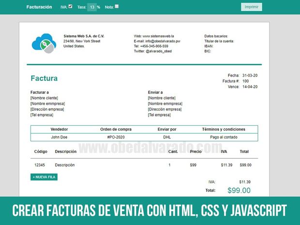 Crear facturas de venta con HTML, CSS y JavaScript