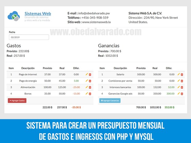 Sistema para crear un presupuesto mensual de gastos e ingresos con PHP y MySQL