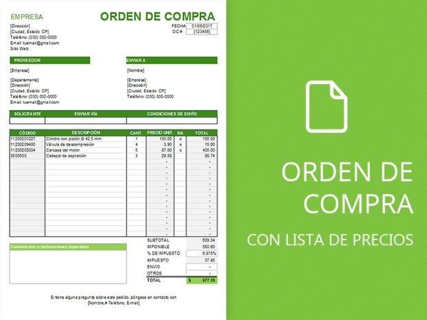 Plantilla de orden de compra con lista de precios