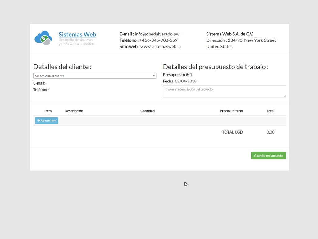 Sistema web para crear presupuestos de trabajo desarrollado con PHP, MySQL y Bootstrap