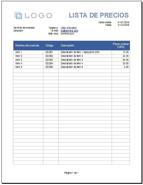 Plantilla de lista de precios gratis en Microsoft Excel